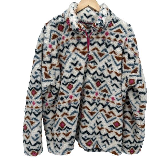 Eddie Bauer Jacket Womens XXL Fleece Plush 1/4 Zip Pullover Aztec Cream Blue - Picture 1 of 9